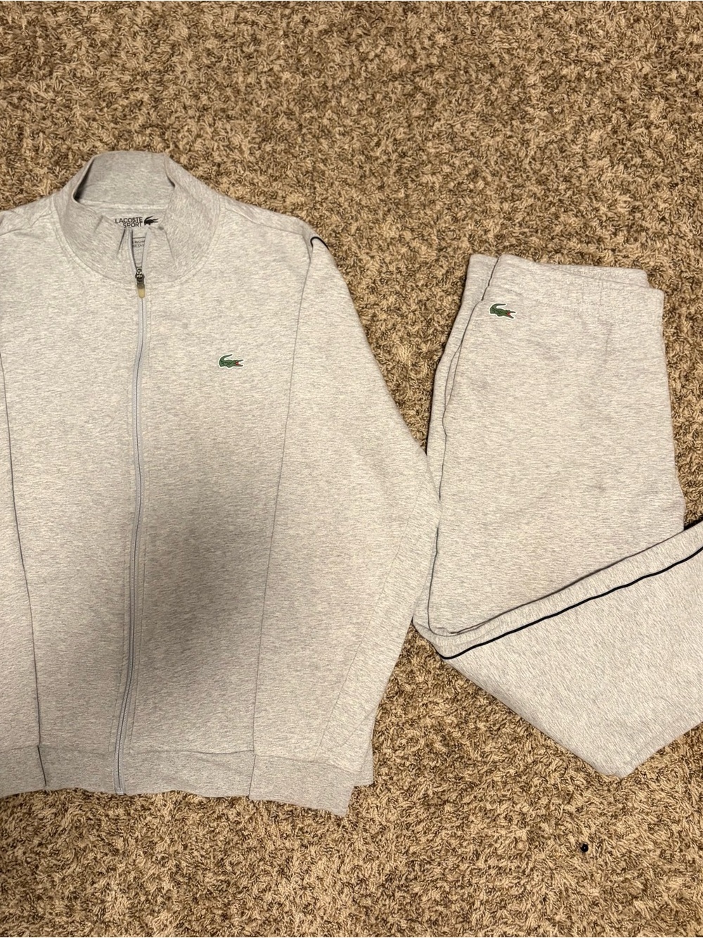 Lacoste Men's Light Gray Zip-Up Track Jacket and Pants Set with Green Logo